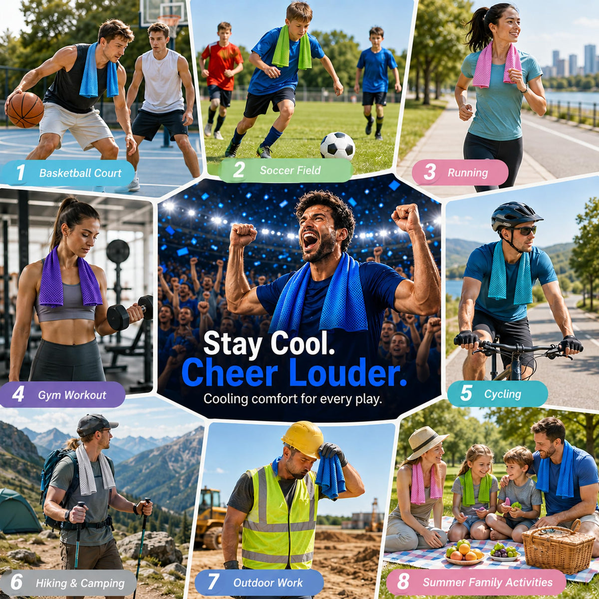 HiFisto 4 Pack Cooling Towels for Neck and Face, Sweat Ice Towels for Gym, Soccer Accessories for Game Day, Workout, Yoga, Golf, Camping, Hiking & Sports, Watch Party, Sports Fans,Hot Weather Relief