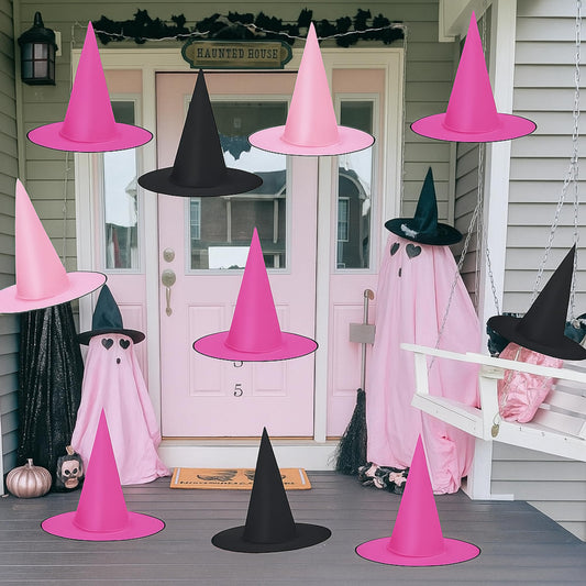 18 Pcs Halloween Decorations Hanging Witch Hats Pink and Black Floating Witch Hats Decorations with 109 Yards Rope Wizard Cap Hanging Decor for Halloween Indoor Outdoor Home Yard Porch Ceiling