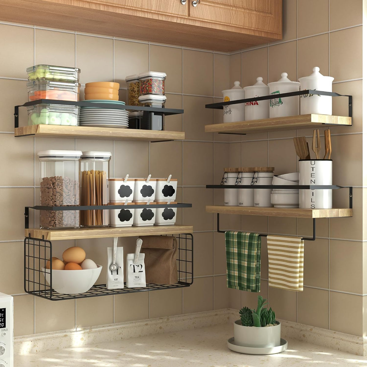 Wood Floating Shelves - 4-Tier Rustic Wall Mounted Shelves with Wire Basket & Towel Bar | Farmhouse Decor