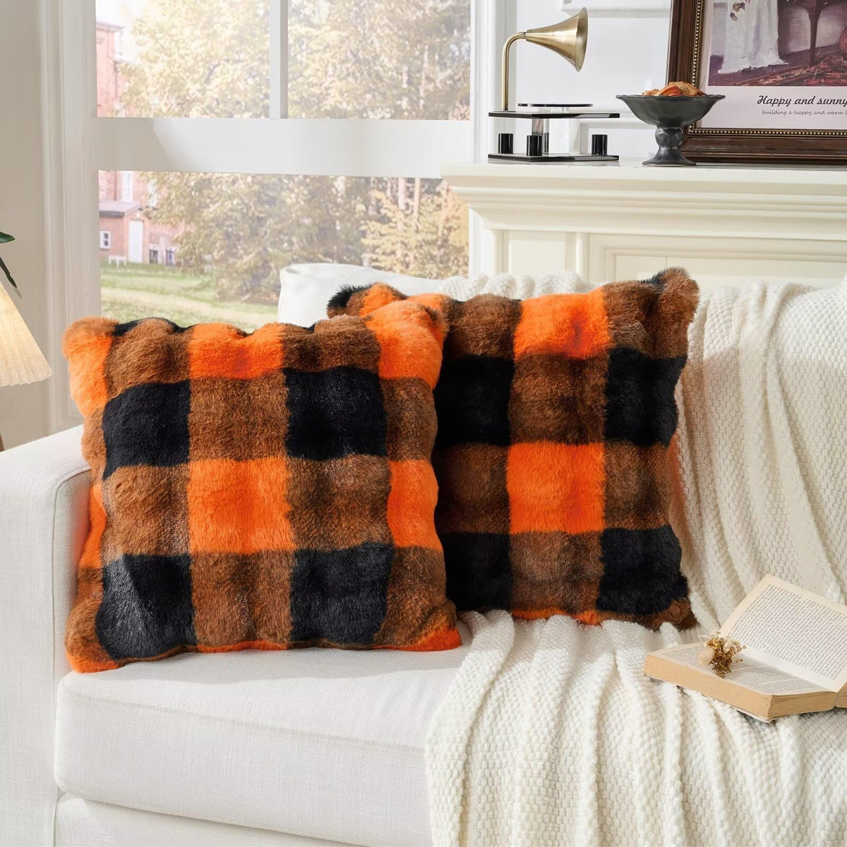 Animebody Set of 2 Faux Fur Cozy Throw Pillow Covers Halloween Decorations Throw Pillows Cushion Pillowcase for Sofa Couch,Orange-Black Grid Print 24 x 24 Inch