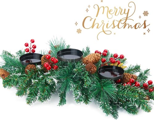 Brightown 20.5” Iron Christmas Candle Holder - Festive Pine Needles, Red Berries & Gold Accents