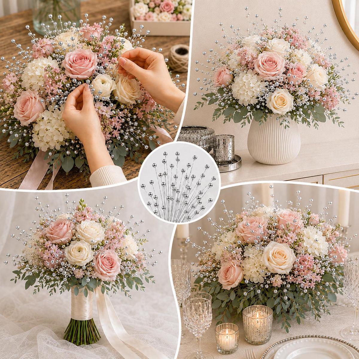 60 Pieces Pearl Stick Stems Bouquets, 4mm Bead String Garland Beaded Spray Filler Floral Arrangements Tree Picks Wedding Party Decoration, Mother's Day Flower Decor, Christmas Tree Picks (Silver)
