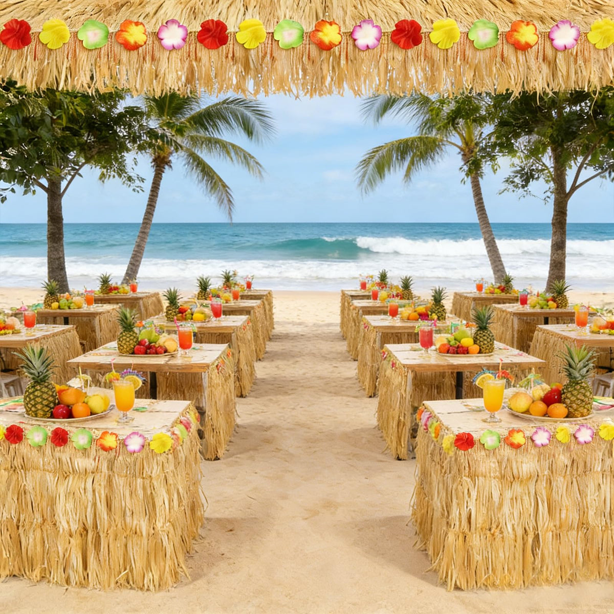 2 Pack Hawaiian Grass Table Skirt 108" x 29.5", Laua Party Decorations Grass Skirt for Table with Flowers, Hawaiian Party Decor for Luau Birthday Beach Tropical Summer Party Supplies