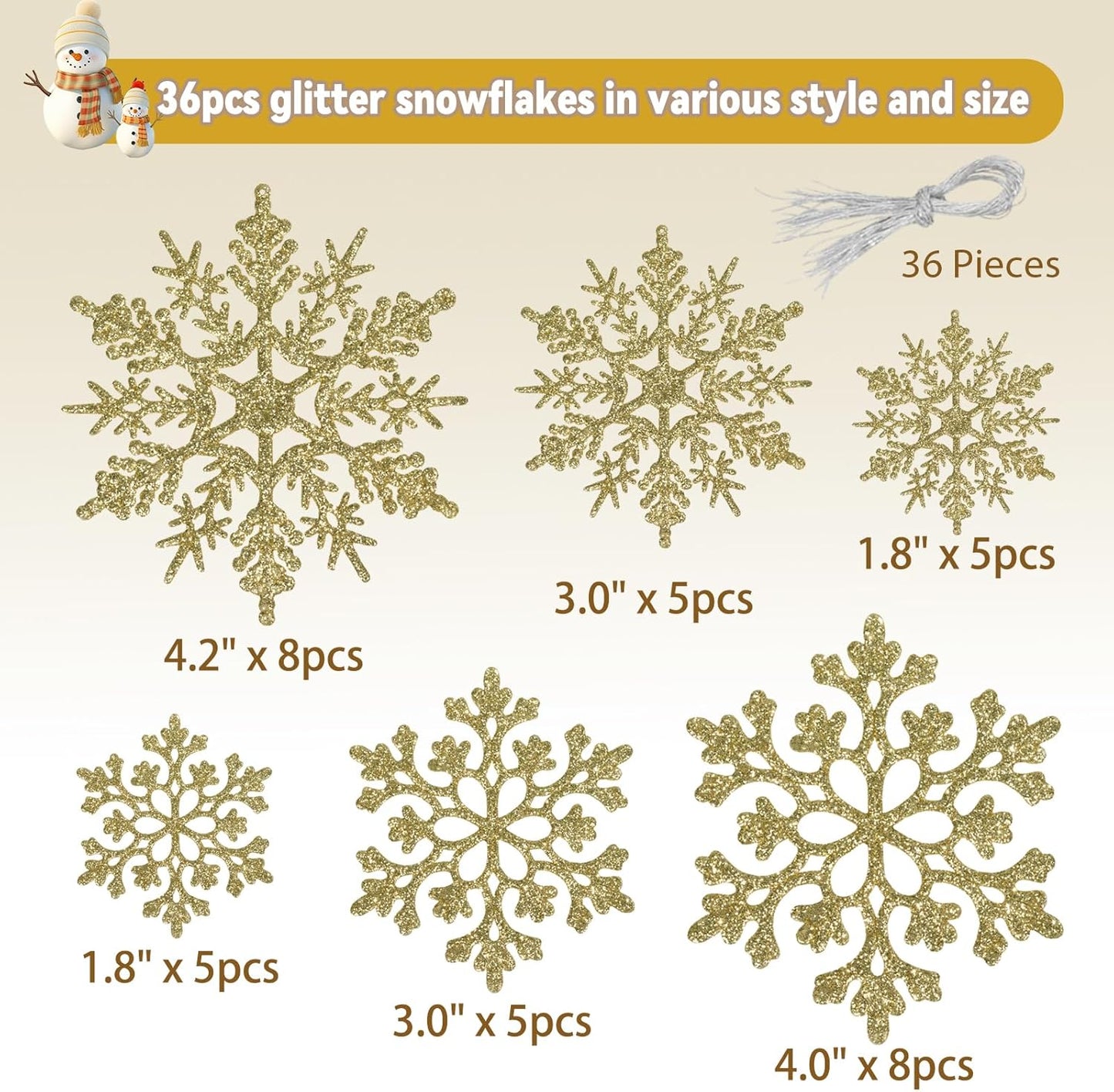 Skiennix 36-Piece Christmas Gold Snowflake Ornaments - Glittery Winter Tree Decorations