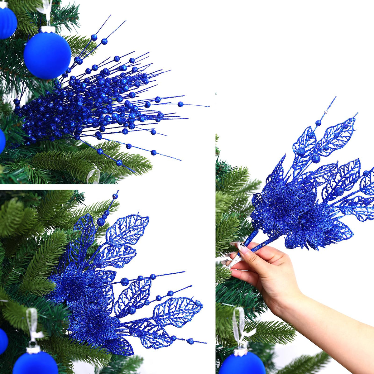 24 Pack Christmas Tree Ornaments - Artificial Flowers Glitter Berry Stems Christmas Floral Picks Branches for Xmas Tree Decorations Vase Filler Holiday Wedding Party Home Decor (Blue)