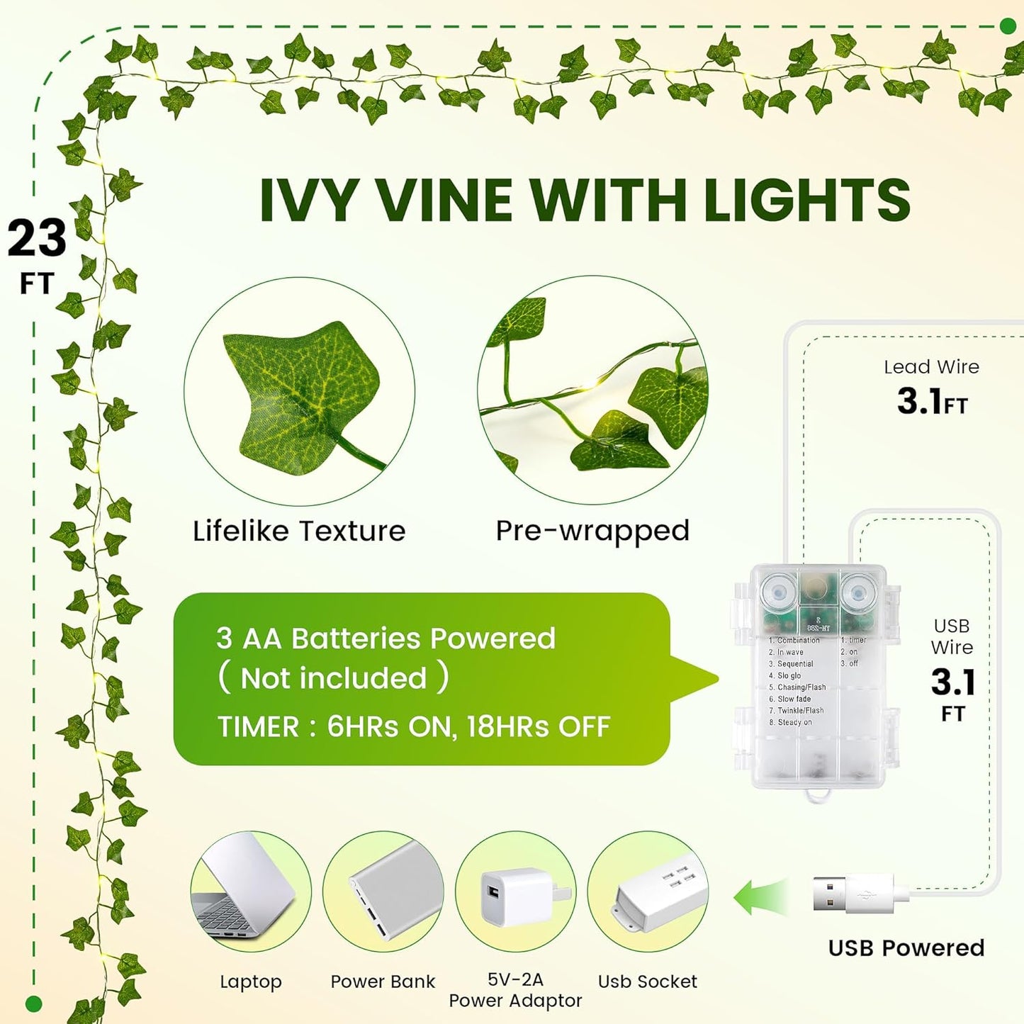 Skiennix Vine Leaf Fairy Lights - 23FT 73 LED Lighted Ivy Garland | Battery & USB Powered Warm White Decor