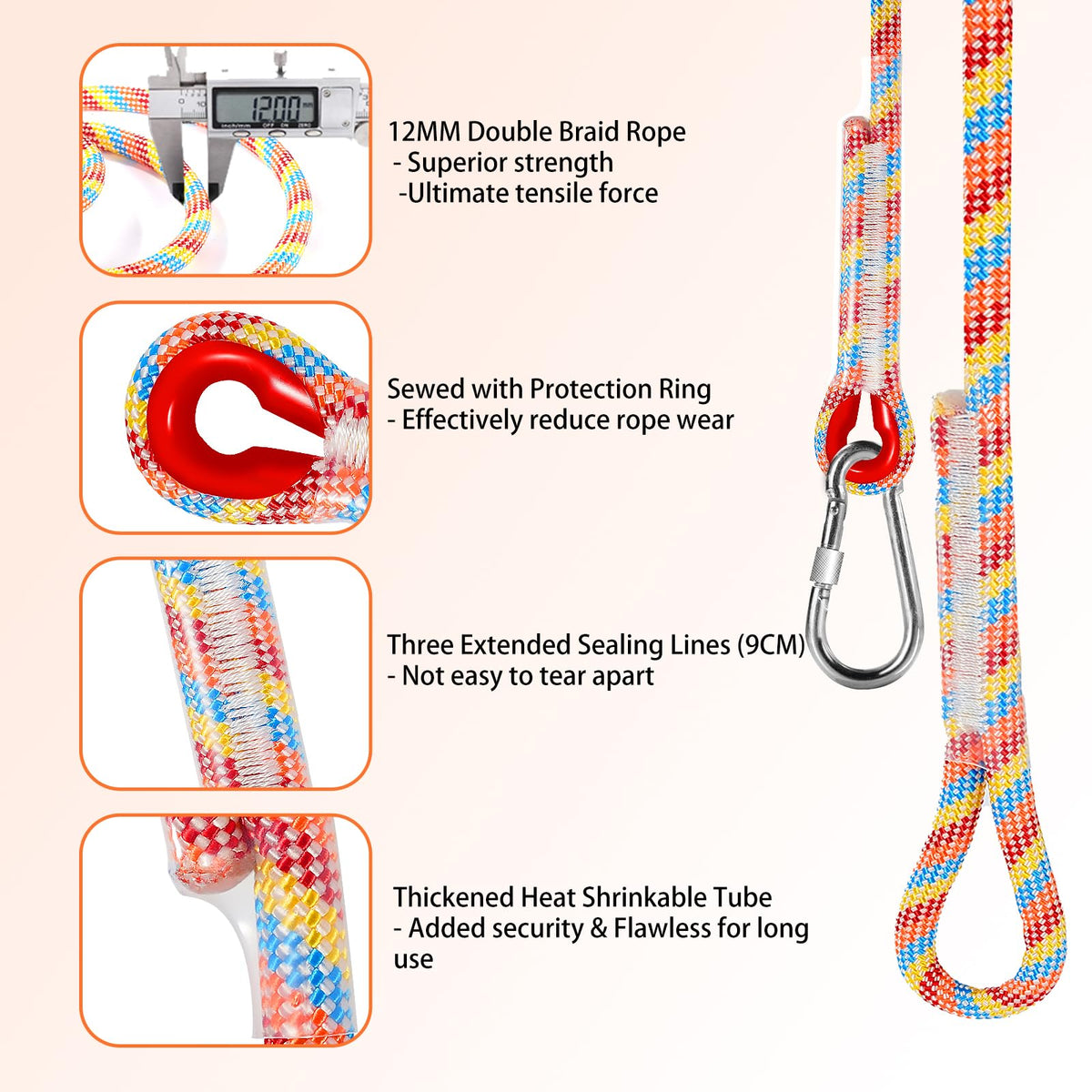 Werfeito Tree Swing Ropes (Set of 2), 5FT/10FT/15FT/20FT, Tree Swing Straps Hanging Kit Holds 4400 lbs, Heavy Duty Carabiners for All Swing Hammock Playground Set Accessories (15FT)
