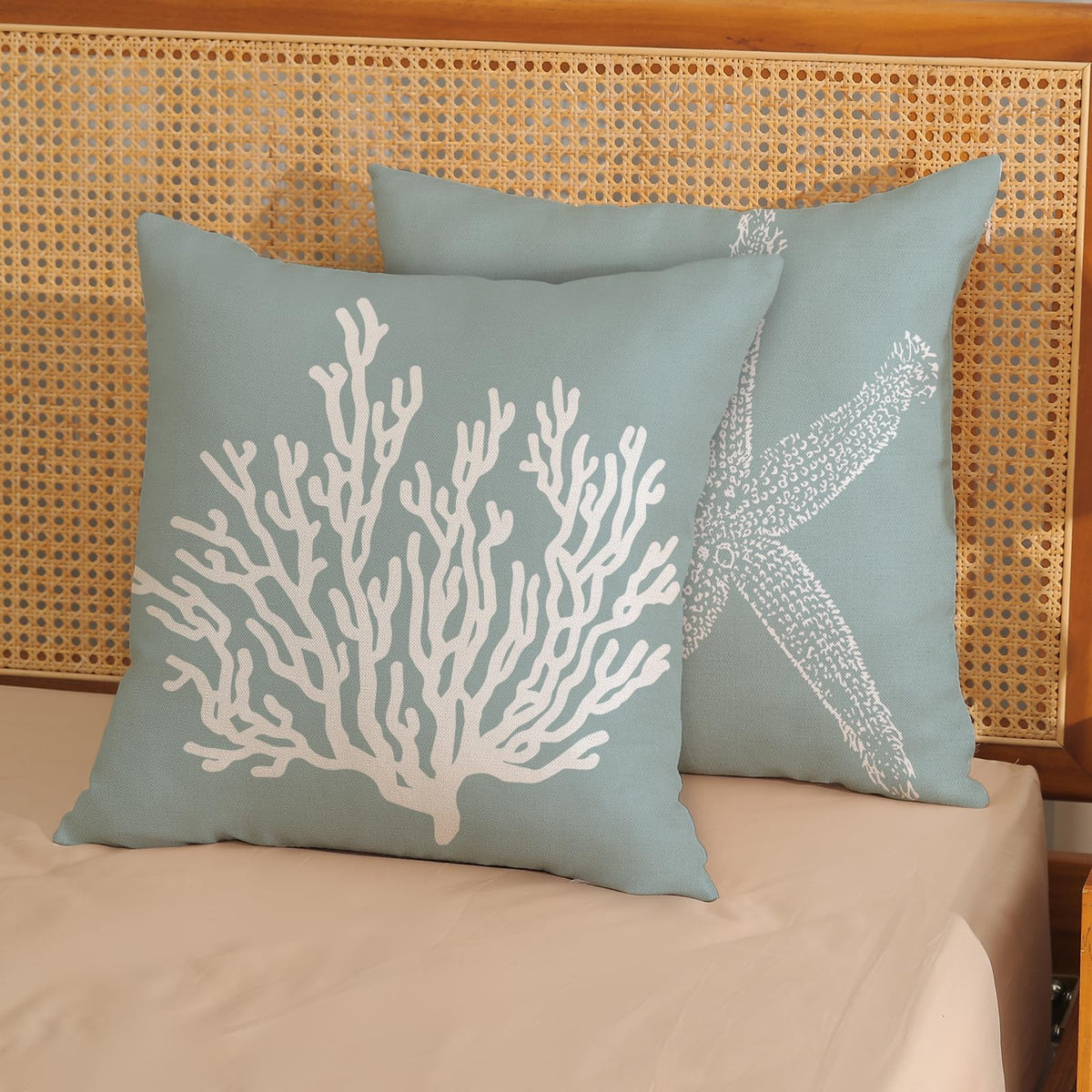 GOLIANDA Coastal Pillow Covers 18x18 Inch Set of 2 Blue Coral Starfish Throw Pillows Nautical Ocean Decorations Summer Linen Beach Pillowcase Outdoor Decor Farmhouse Cushion Case for Home Living Room