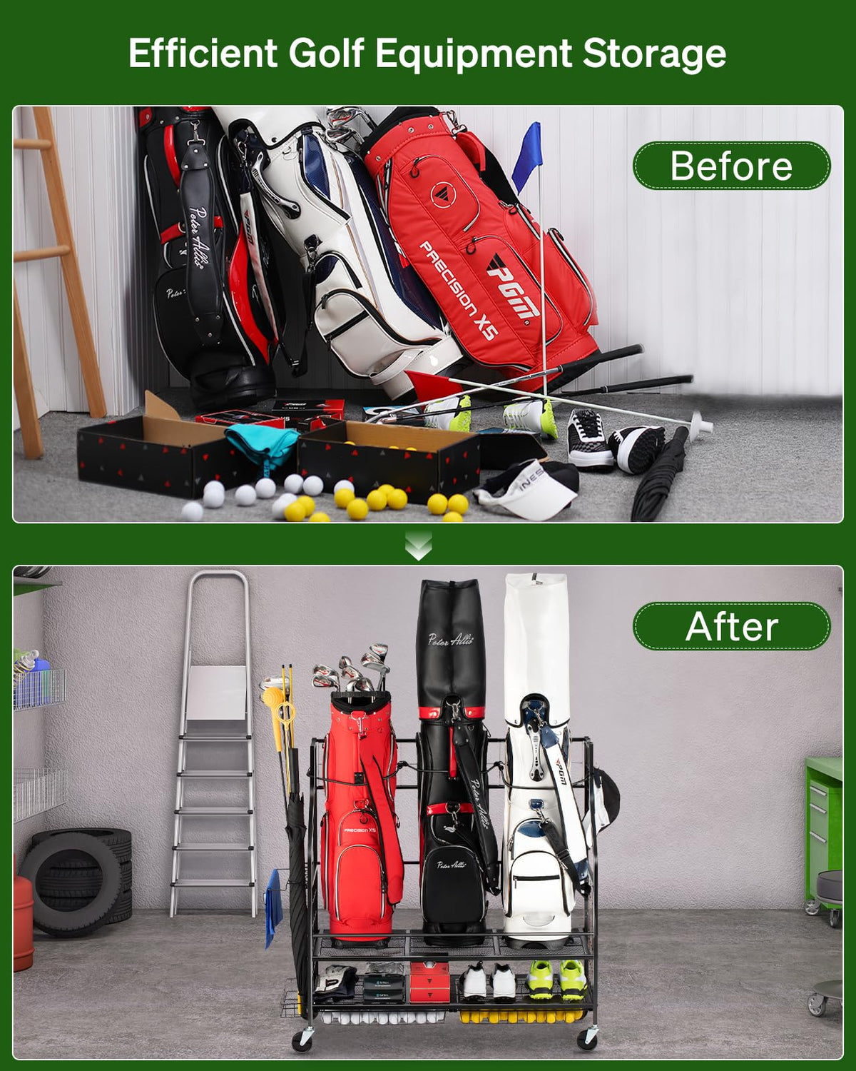 FHXZH 3 Golf Bag Storage Garage Organizer, Golf Bag Stand Fit for 3 Golf Bags, Golf Clubs, Golf Balls, Golf Equipment Accessories, Storage Rack with Wheels for Garage, Club, Shed, Basement