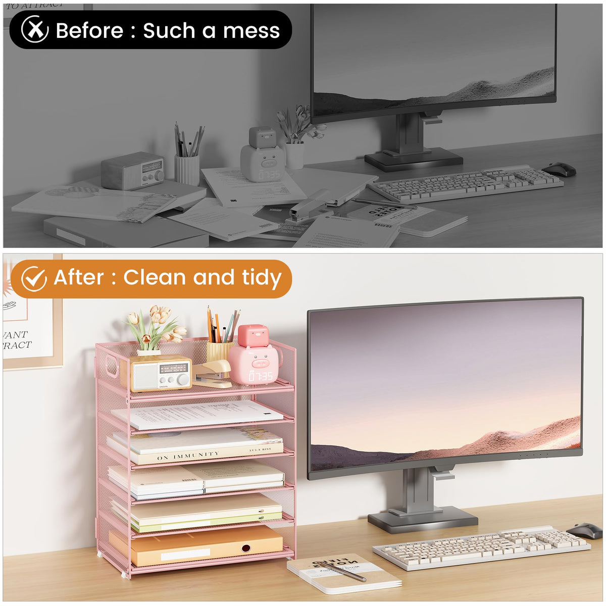 Subekyu 6-Tier Desk Paper Organizer, Desktop File Letter Tray with Handle, Document Sorter and Accessories Holder for Office, Home and School Workspace Organizers, Pink-2 Pack