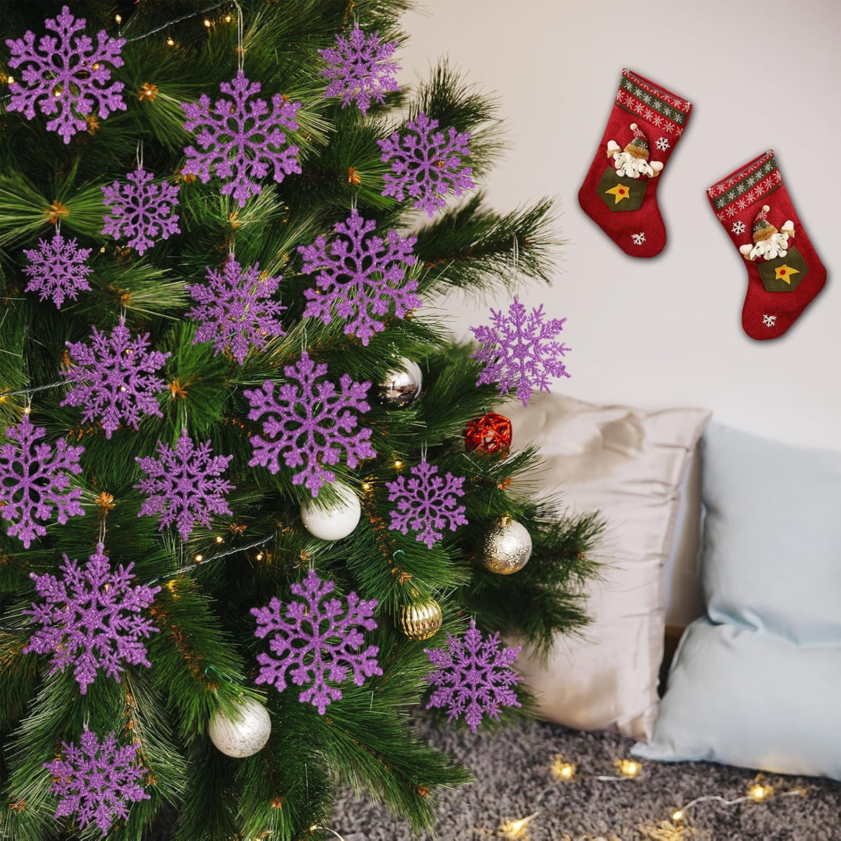 Skiennix 36pcs Christmas Light Purple Snowflake Ornaments - Plastic Hanging Decor for Holiday Home & Parties