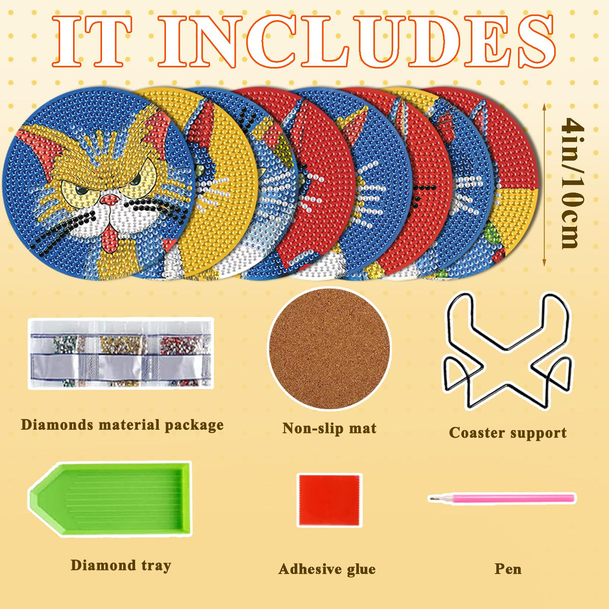 DOTSOPS Cat Diamond Art Coaster with Holder 5D Diamond Painting Kits for Adults Round Full Drill Beginners Gem Dots Craft Arts Supplies Party Home Decor 8PCS