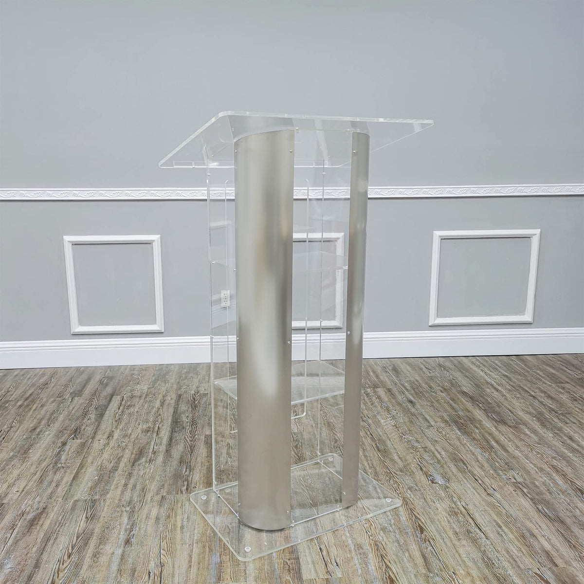 FixtureDisplays® Brushed Stainless Steel Sides Pulpit Clear Acrylic Plexiglass Podium Curved Lectern 14307NEW