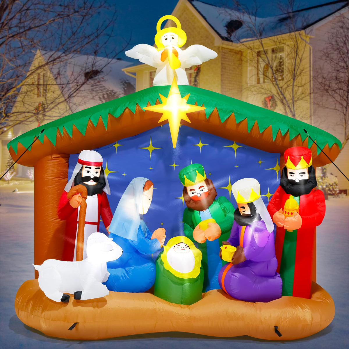 8FT Christmas Inflatables Nativity Scene, Blow Up Christmas Nativity Scene, LED Lighted The Birth of Jesus Scene Inflatables Decor, Christmas Outdoor Inflatable Decor for Xmas Yard Lawn Patio