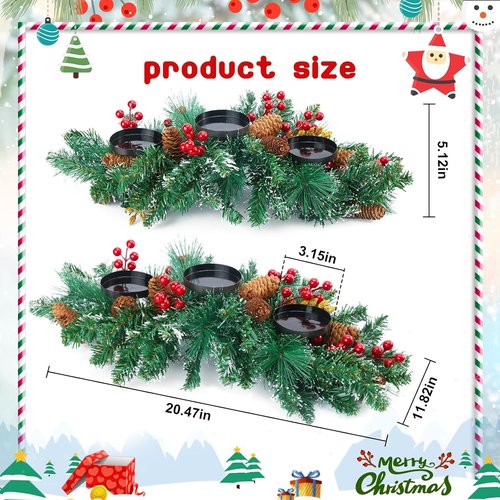 Brightown 20.5” Iron Christmas Candle Holder - Festive Pine Needles, Red Berries & Gold Accents