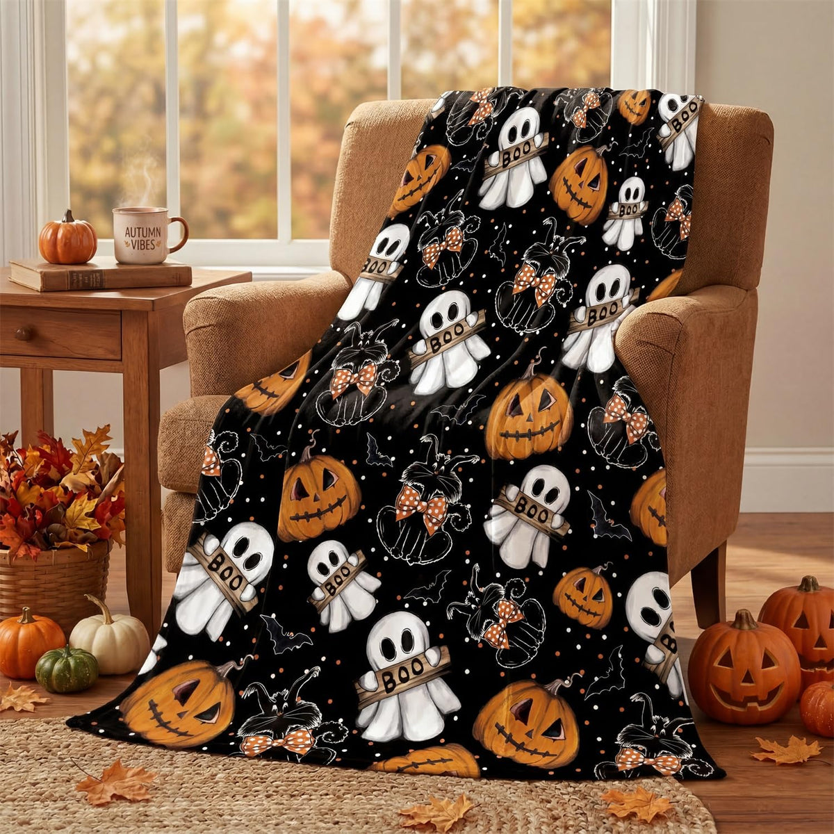 Horaldaily Halloween Flannel Blanket Throw, Jack-O-Lantern Ghost Cat Dots Soft Fuzzy Plush Cozy Fleece Blankets for Couch Sofa Bed Lounging, Ideal Gifts for Kids Adults Wife Self, 50x60