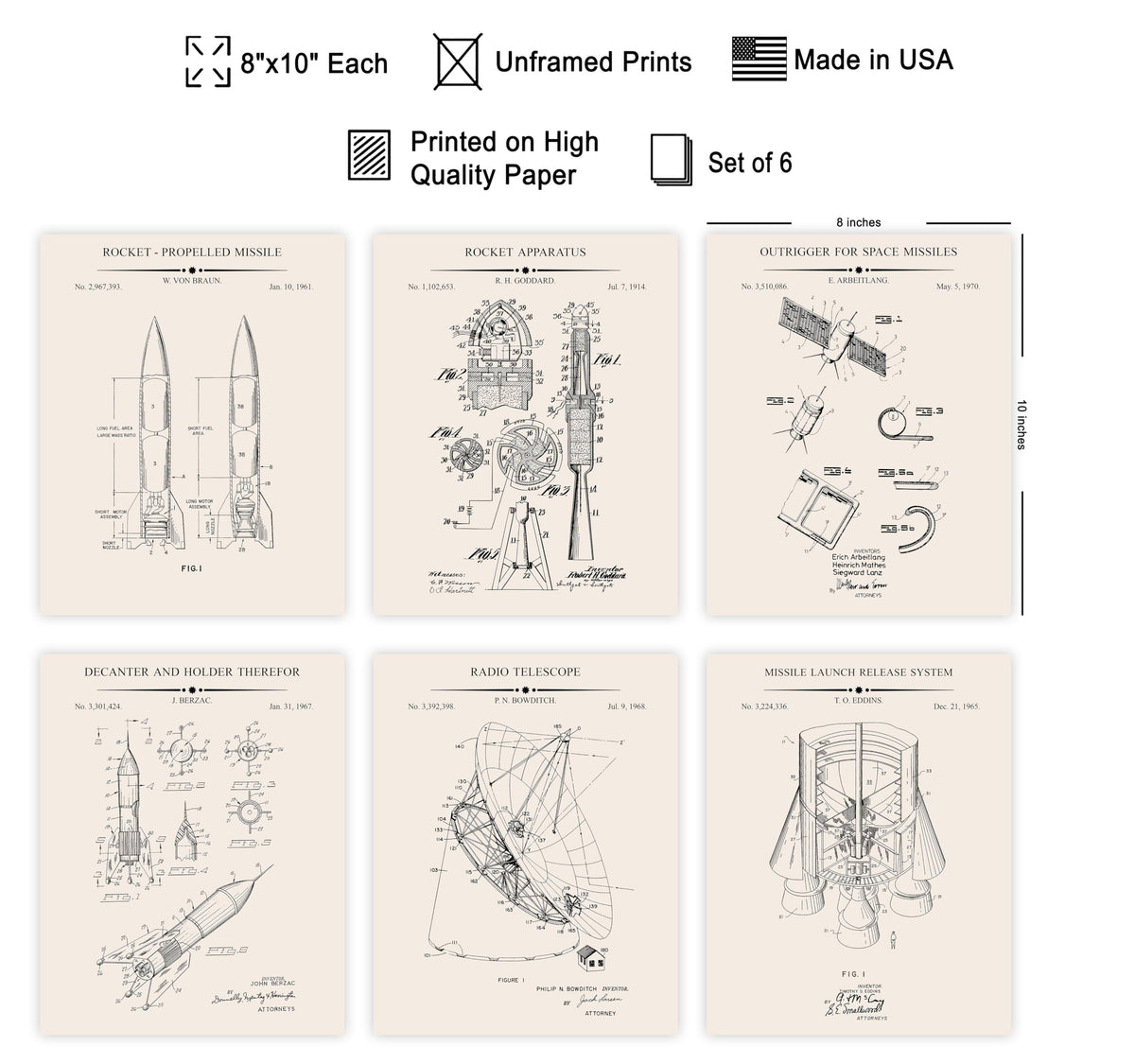 Monem Art 6-Piece Space Exploration Blueprint Print - Space Patent Poster - Rocket, Spaceship, NASA & Satellite Art - Technical Drawing Wall Design - Dorm or Office Decor - 8x10 UNFRAMED Wall Art