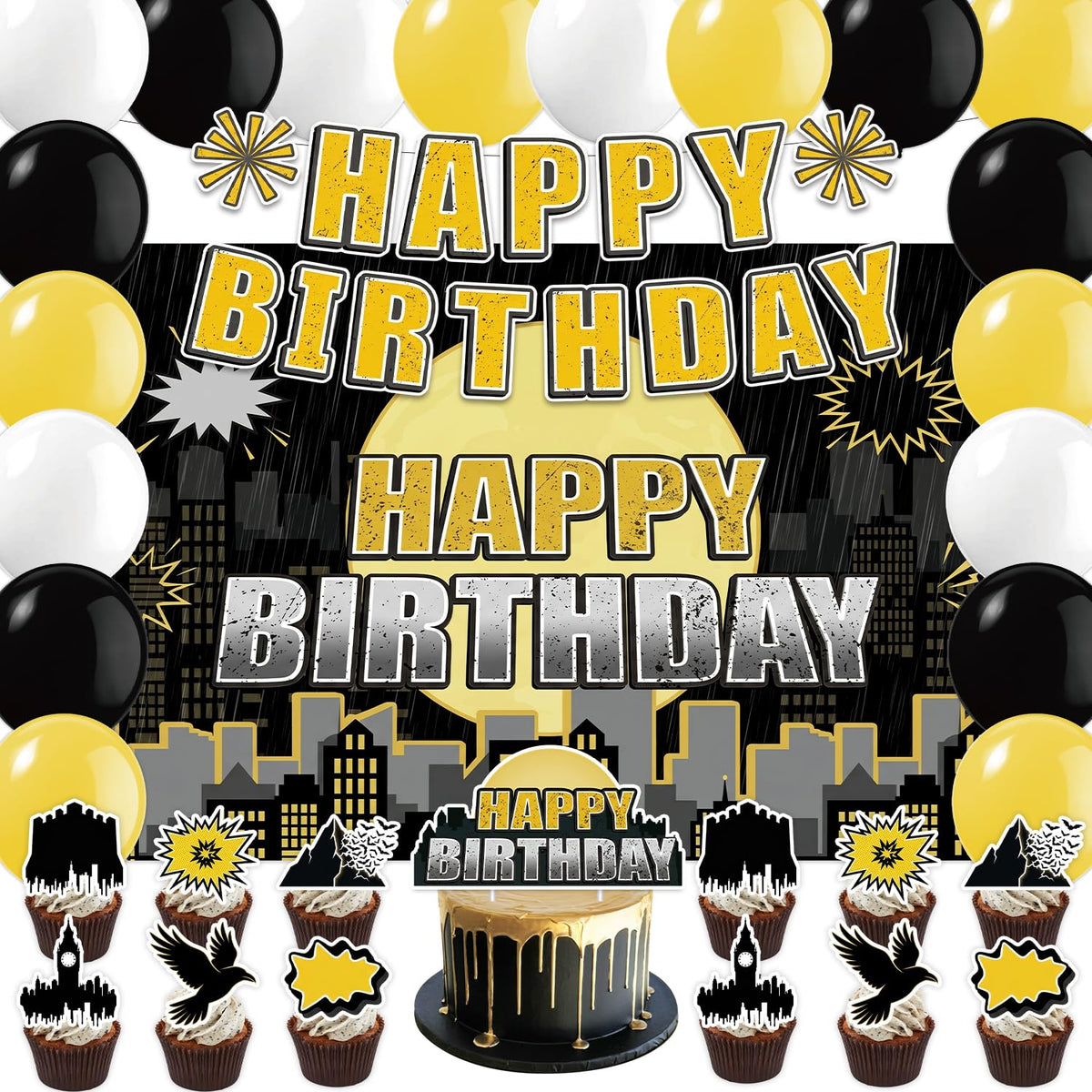 42Pcs Bat Super Theme Hero Party Decorations Including Backdrop,Cake Toppers,Cupcake Toppers,Balloons for Bat Birthday Movie Fans Party Decorations