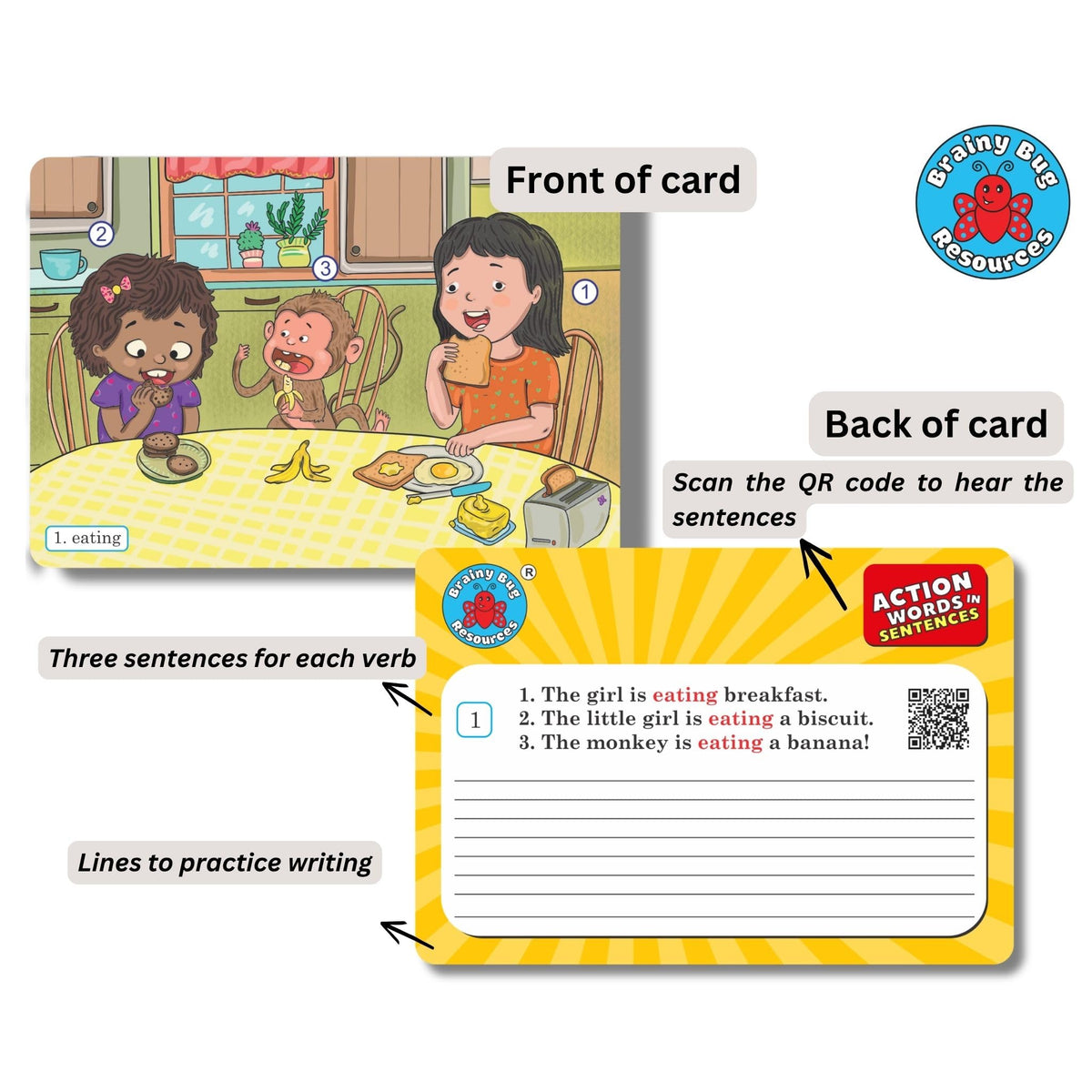 Brainy Bug English Learning Flashcards with App-Enabled Audio Feature | SVO Sentences | Action Words, Grammar & Sentence Practice | Eary Learners | Special Needs | Home Schooling