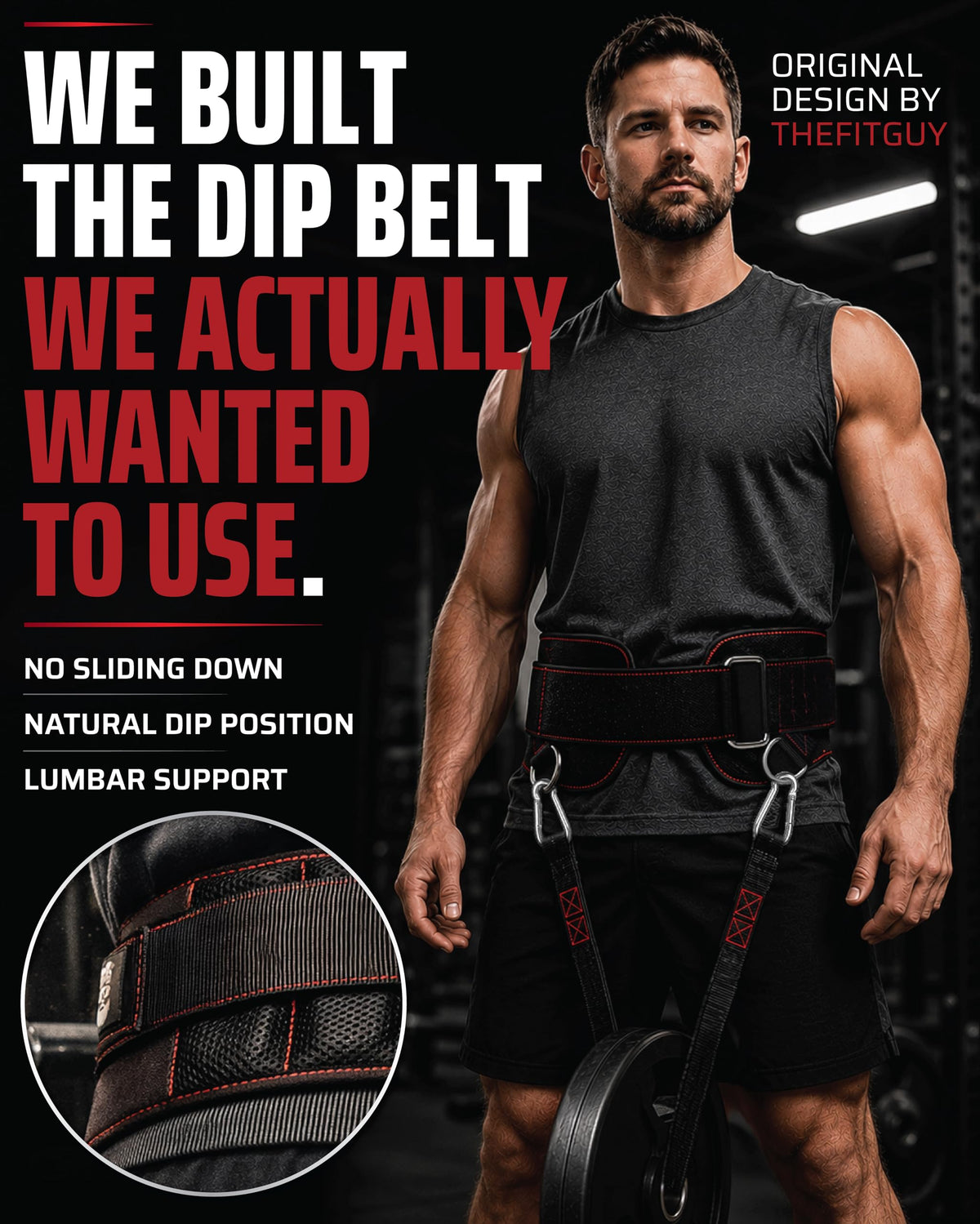 THEFITGUY Dip Belt with Strap – No Slip Secure Closure | 250lb Heavy Duty | Belt Squat Attachment, Weighted Dips, Pull Ups | Structured Back Support | 45-Degree Angle Rings, 2 Snap Hooks Included