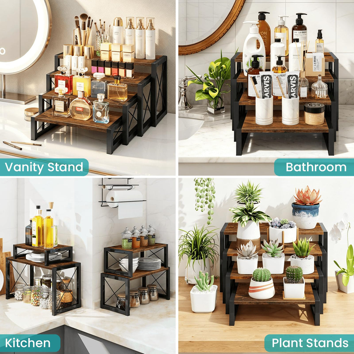 ELITEROO Wood Risers Display Stands Set of 4, Wooden 4 Tier Cupcake Stand, Tiered Riser for Vendors, Decorative Display Risers for Food Desserts Buffet Table at Party Wedding, Rustic Brown