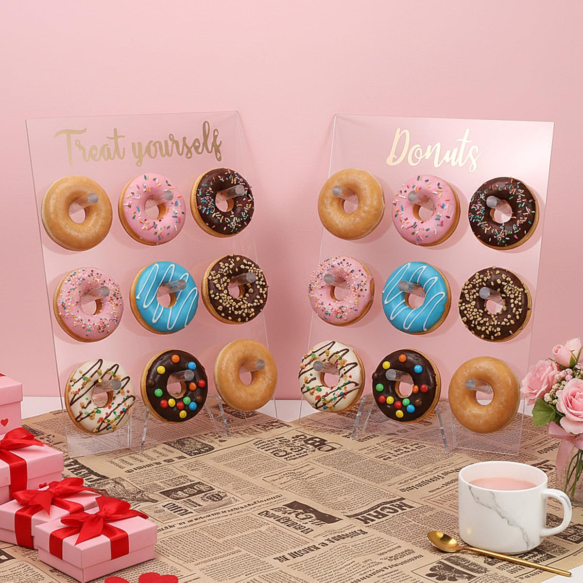 Meyeyaia 2 Pack Donut Wall Display Stand for Dessert Table, Clear Acrylic Donut Board Display Holder Wall Stand for Wedding Birthday Holiday Party Bridal Baby Shower Decorations, 13.78 x 9.84 Inch