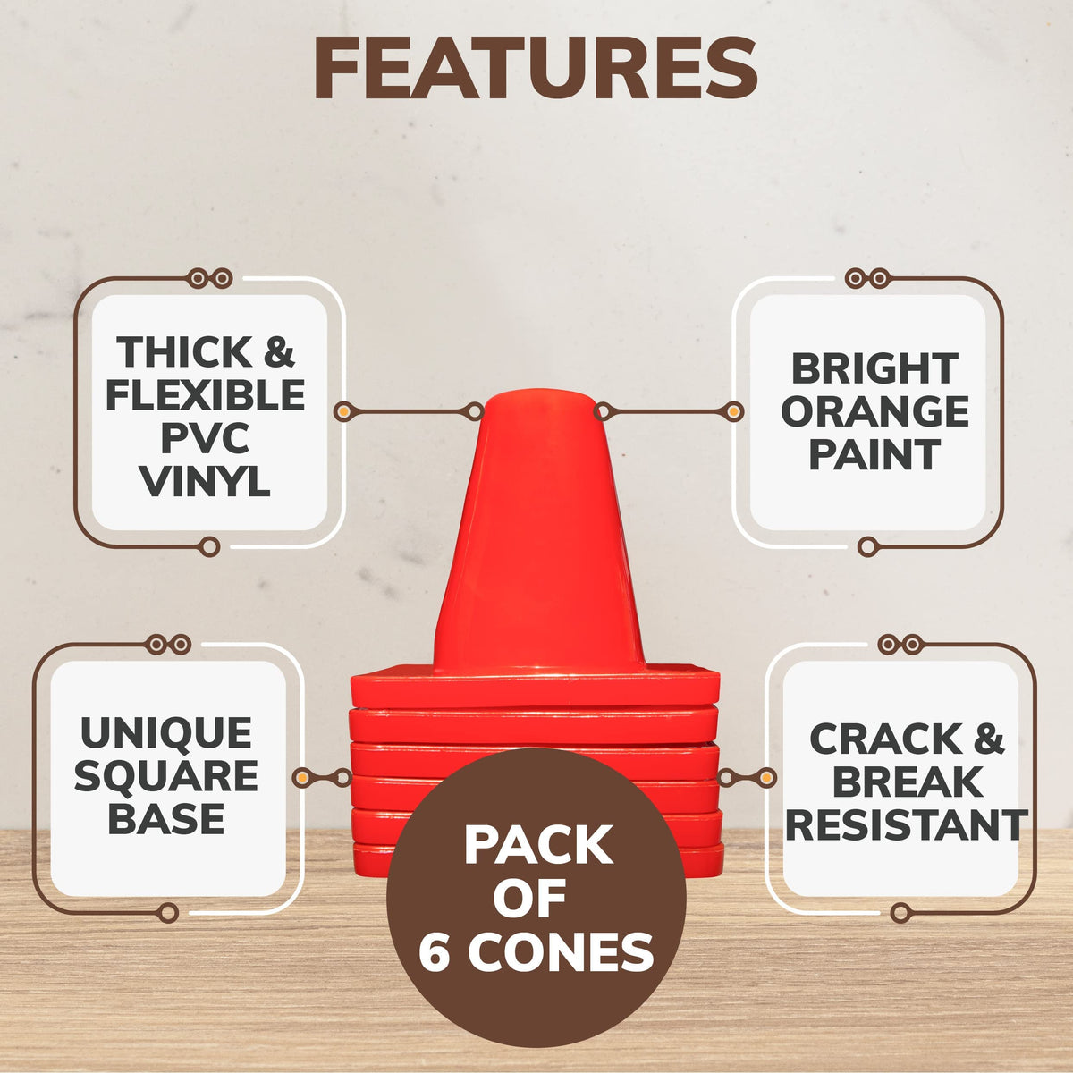 Koozam Sports 6 Pack Heavy Duty 6 Inch Sports Pro Training Cones - Won't Fly Away in Wind Or Crack for Football, Soccer, Parking, Construction, Safety & More