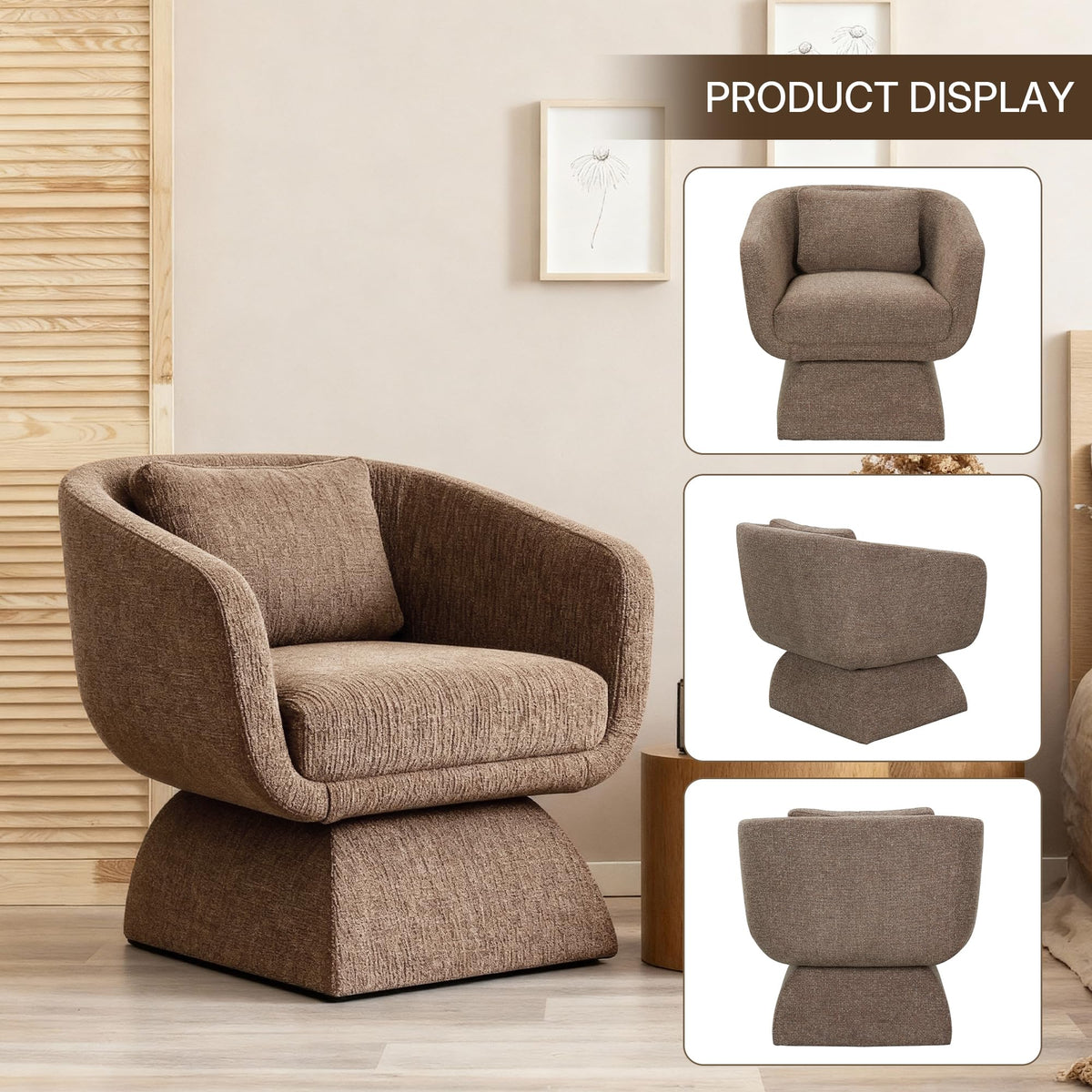 DEECUS. Modern 360° Swivel Accent Chair with Armrest & Curved Back, Soft Cushioned Barrel Lounge Chair (Otter)