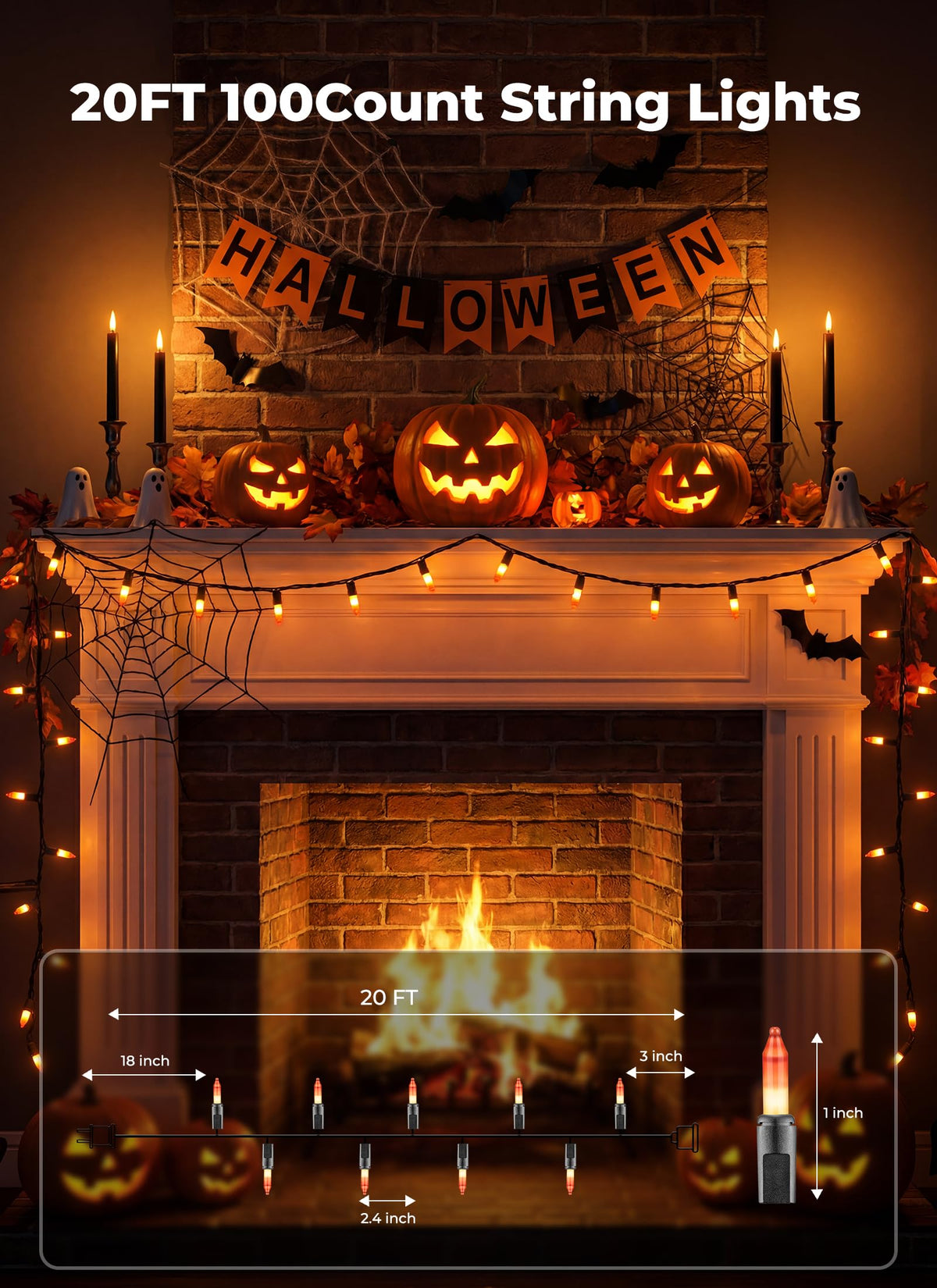Minetom 100-count 25Ft.Yellow & Orange Candy Corn Incandescent Mini Halloween String Lights for Outdoor & Indoor Halloween Decoration, Waterproof & Connectable