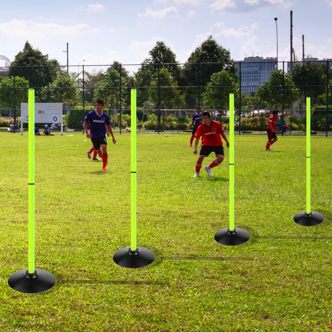 ASENVER Fluorescent Green Soccer Agility Poles Set Detachable Sports Trainning Speed Pole Slalom Poles with Rubber Base Sport Traning Equipment (Pack of 4, 3.3 FT)