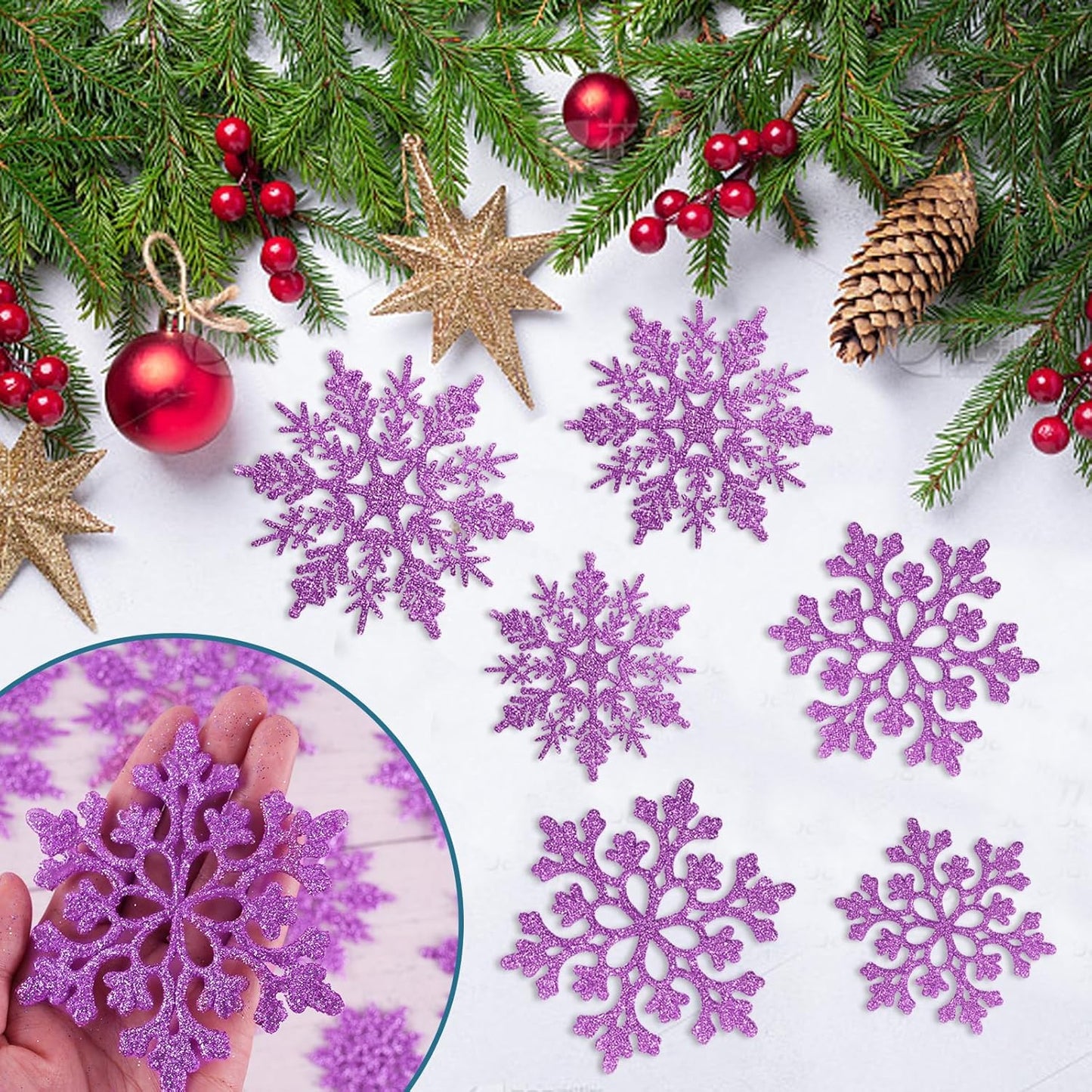Skiennix 36pcs Christmas Light Purple Snowflake Ornaments - Plastic Hanging Decor for Holiday Home & Parties