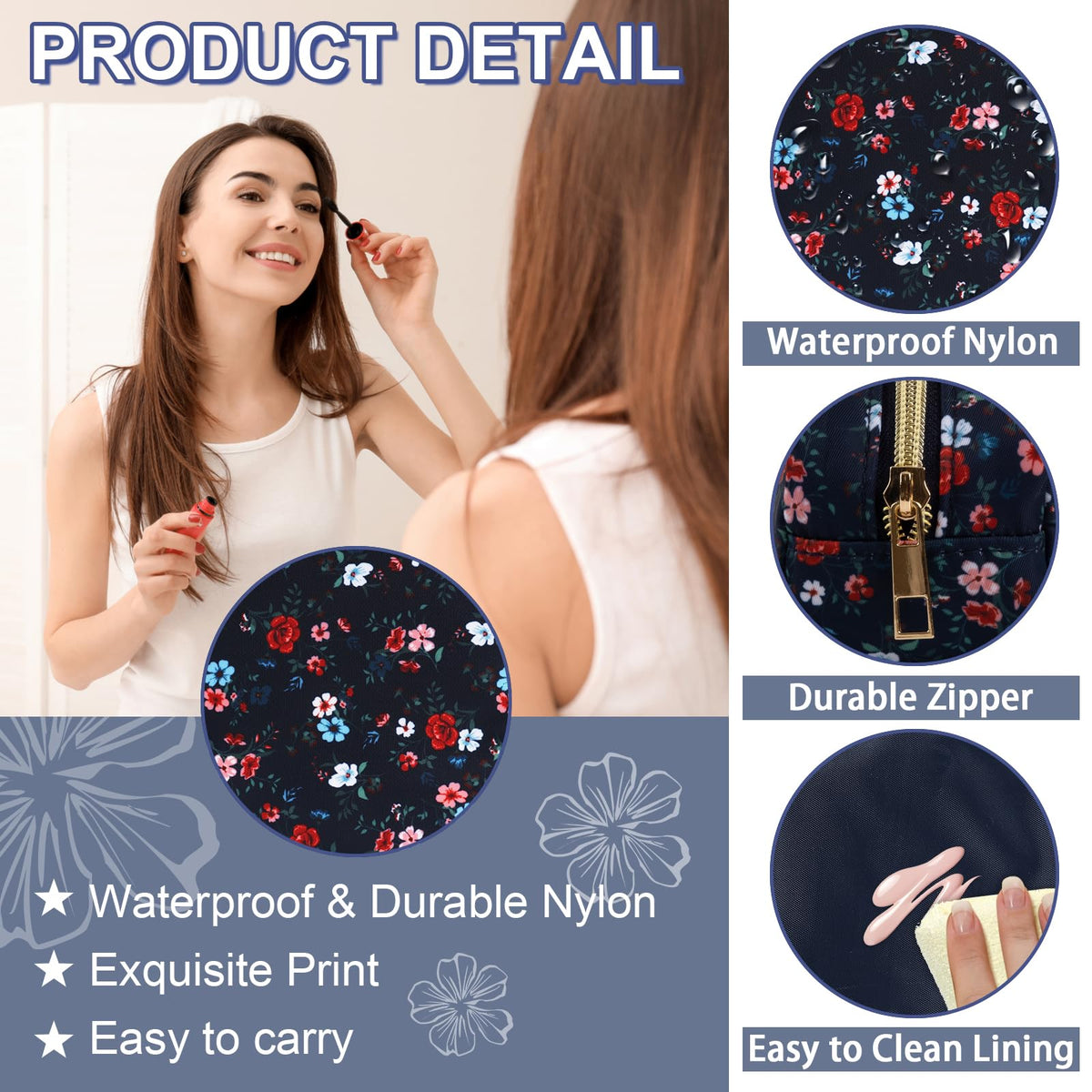 UIXIZQ Waterproof Small Floral Pencil Case Makeup Bag for Purse,Cute Flower Pencil Pouch Preppy Nylon Makeup Brush Holder with Zipper,Girls Portable Storage Case Pen Bag for Work(Slim Black-Flowers)