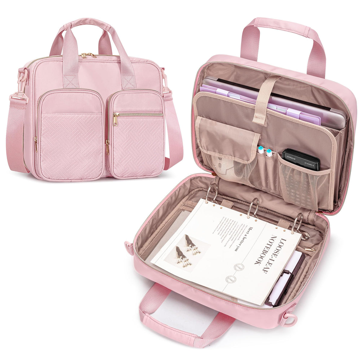 Prokva 3 Ring Zipper Binder, 2 Inch Ring Binder Organizer Bag with Shoulder Strap Fits 13 Inch Laptop and 500 Sheets, Pink (Empty Bag Only)