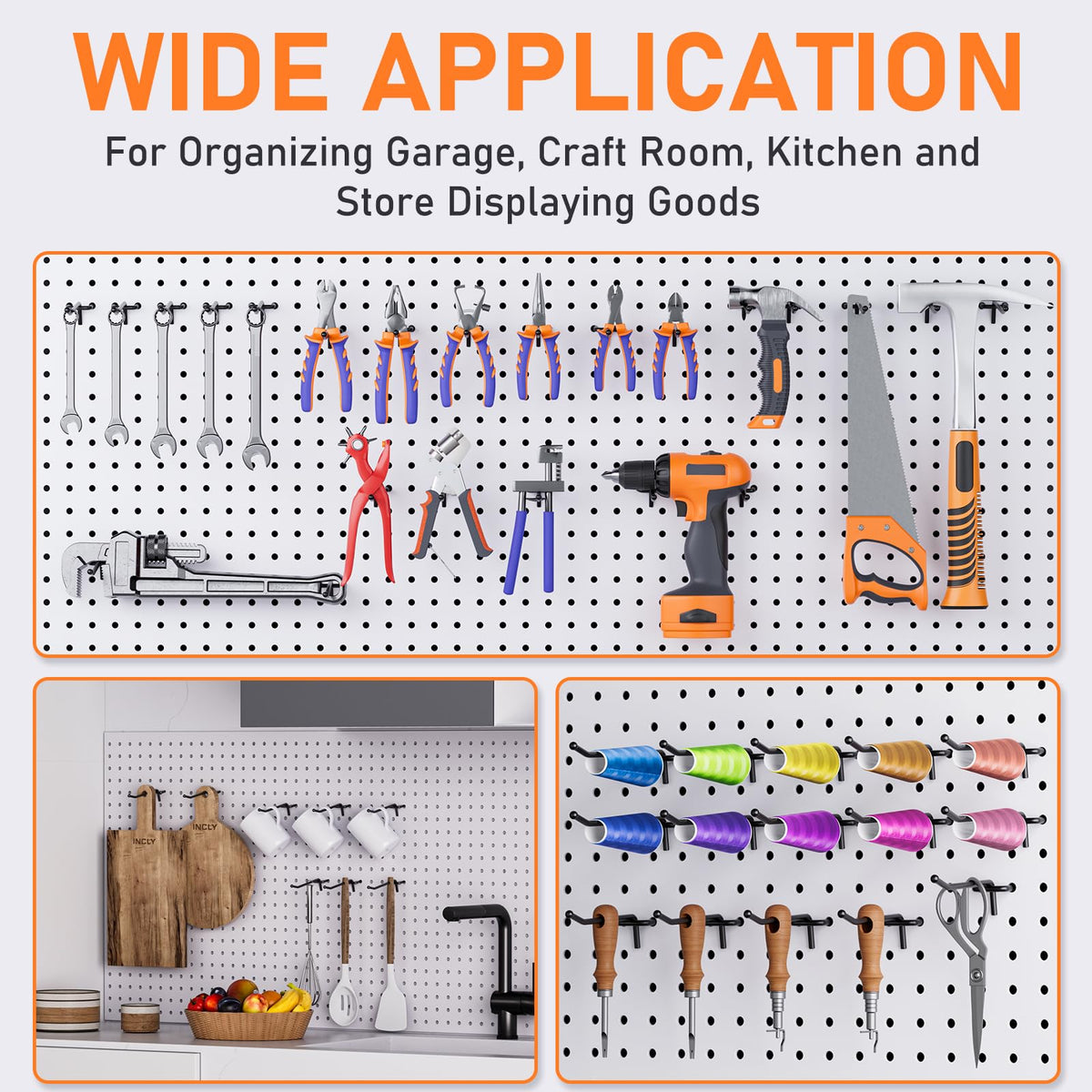 INCLY 36 Pack 4/6/8 Inch Black Pegboard Hooks, 1/4" Heavy Duty Peg Board Shelving Hooks Accessories, Peg Board Tool Hangers Fit 1/4" Pegboard for Organizing Garage, Craft Room, Kitchen, Store