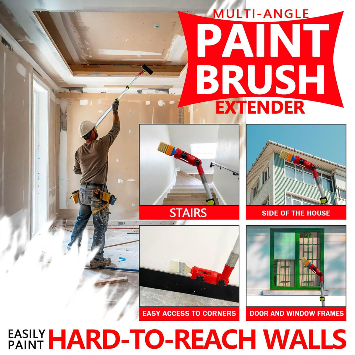 WYXDSDEV Multi-Angle Paint Brush Extender Red, Paint Edger Tool for High Ceilings, Extension Pole Attachment Holder for Paint Brush,Roller, Scraper, Rotating Head, Paint Pole Extension Device
