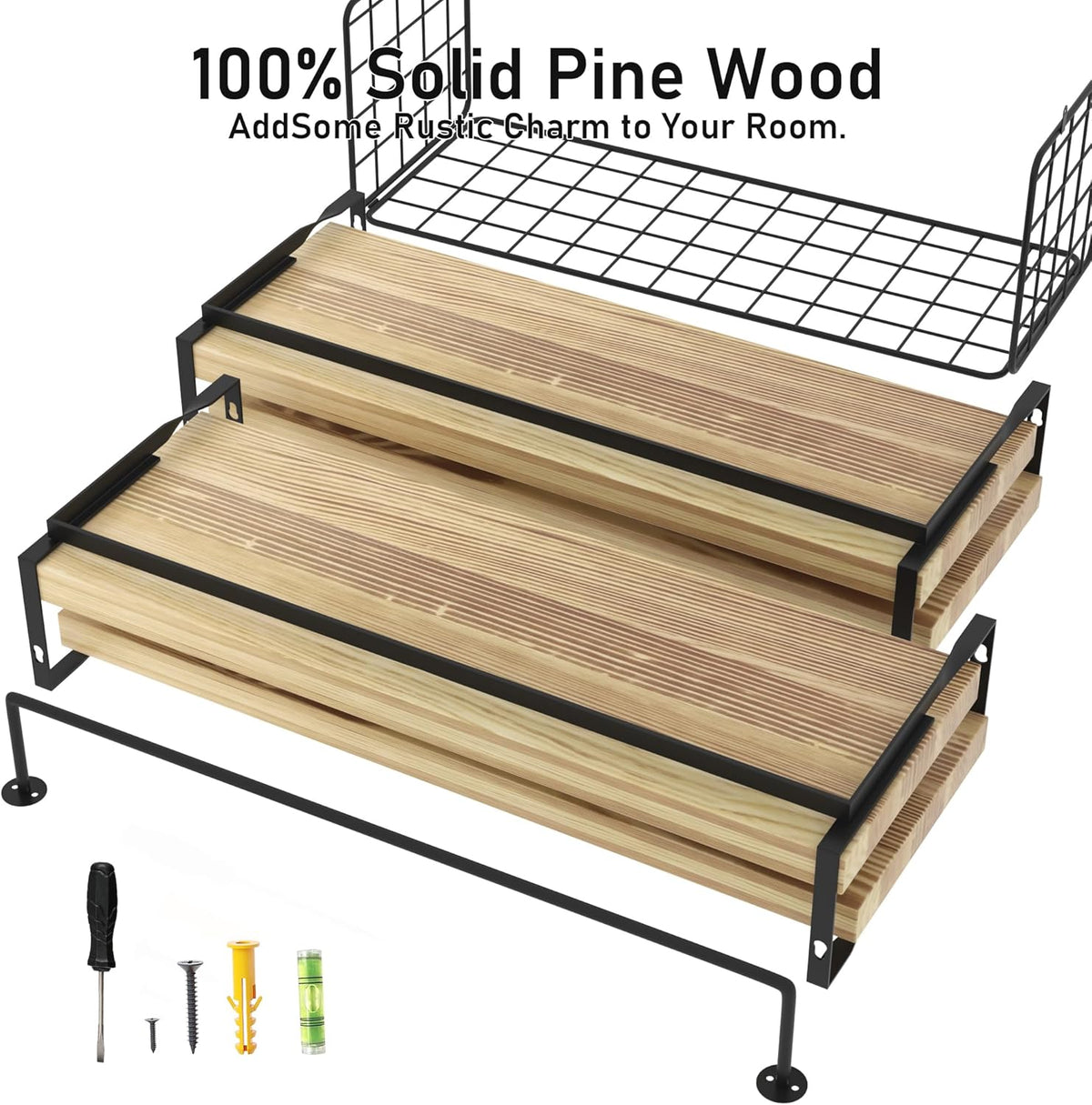 Wood Floating Shelves - 4-Tier Rustic Wall Mounted Shelves with Wire Basket & Towel Bar | Farmhouse Decor