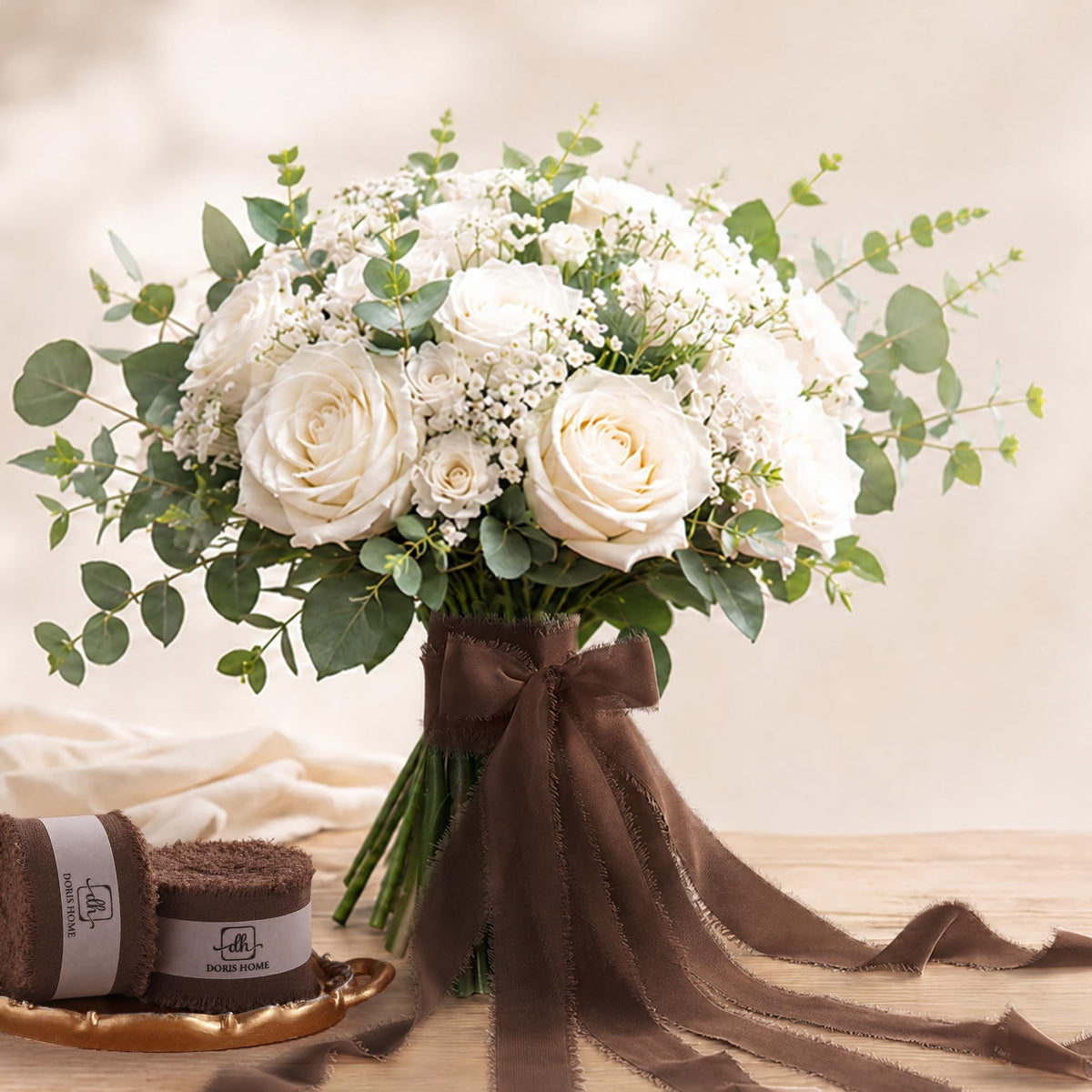DORIS HOME Dark Brown Chiffon Ribbon for Flower Bouquet, 1" x21Yd Fabric Ribbon for Gift Wrapping, Handmade Frayed Ribbon for Wedding Invitations/Halloween Decorations