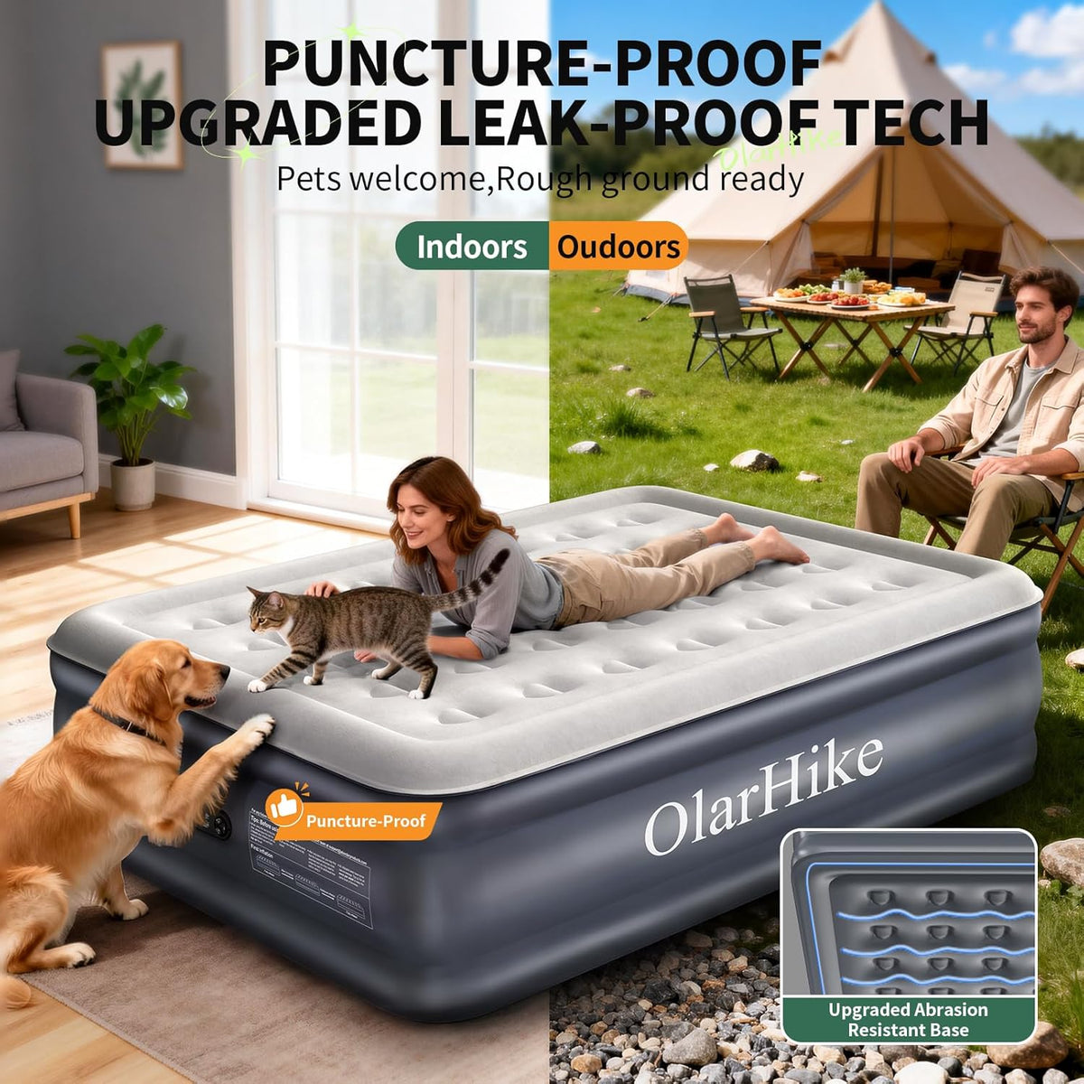 OlarHike Queen Air Mattress - Inflatable Bed with Built-In Pump | 18" Foldable Design for Home & Camping