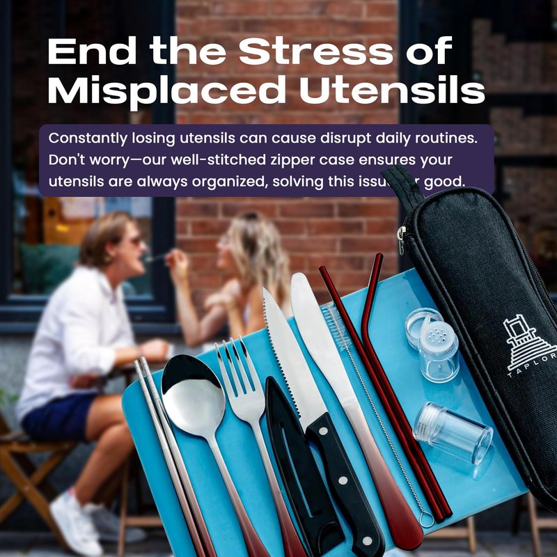 Taplord Portable Travel Silverware Set With Case - Includes 10 Pcs of Utensils, Stainless Steel Flatware For Camping, Easy to Travel, Lightweight (Red Two Tune)