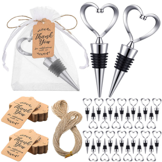 Patelai 90 Pack Heart Shaped Wine Stoppers Wedding Favors for Guests Stainless Steel Beverage Bottle Stopper with 100 Tags 100 Organza Bags and Twine Bulk for Bridal Shower Wedding Party Favors Gifts
