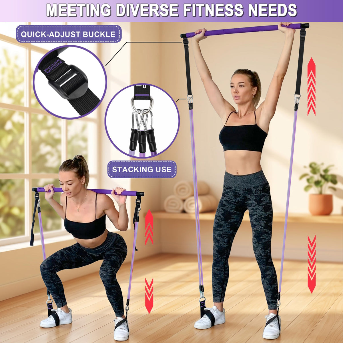 Goocrun Pilates Bar Kit with Resistance Bands for Men and Women - 3 Set Exercise Resistance Bands - Portable Multifunctional Home Gym - Supports Full-Body Workouts – with Fitness Poster and Video