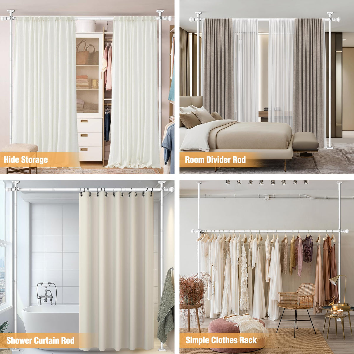 AKTOP Room Divider Curtain Rod, No Drilling Privacy Room Separator for Space Partition, 4-11ft(H) 28-117”(W) Adjustable Heavy Duty Floor to Ceiling Wall Divider Tension Rod for Room Separation, White