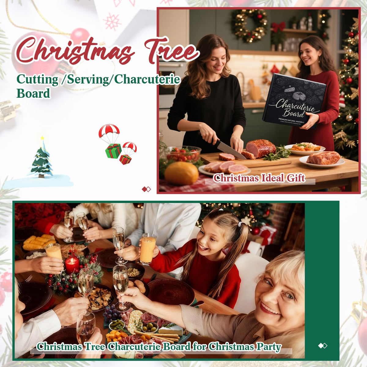 10 Pcs Christmas Tree Charcuterie Board Gift Set with Marble Wood Cutting Serving Tray Cheese Knives Fork Honey Stick Wine Stopper Flavoring Dish Kitchen Utensils Gifts for Xmas Holiday Party Favor