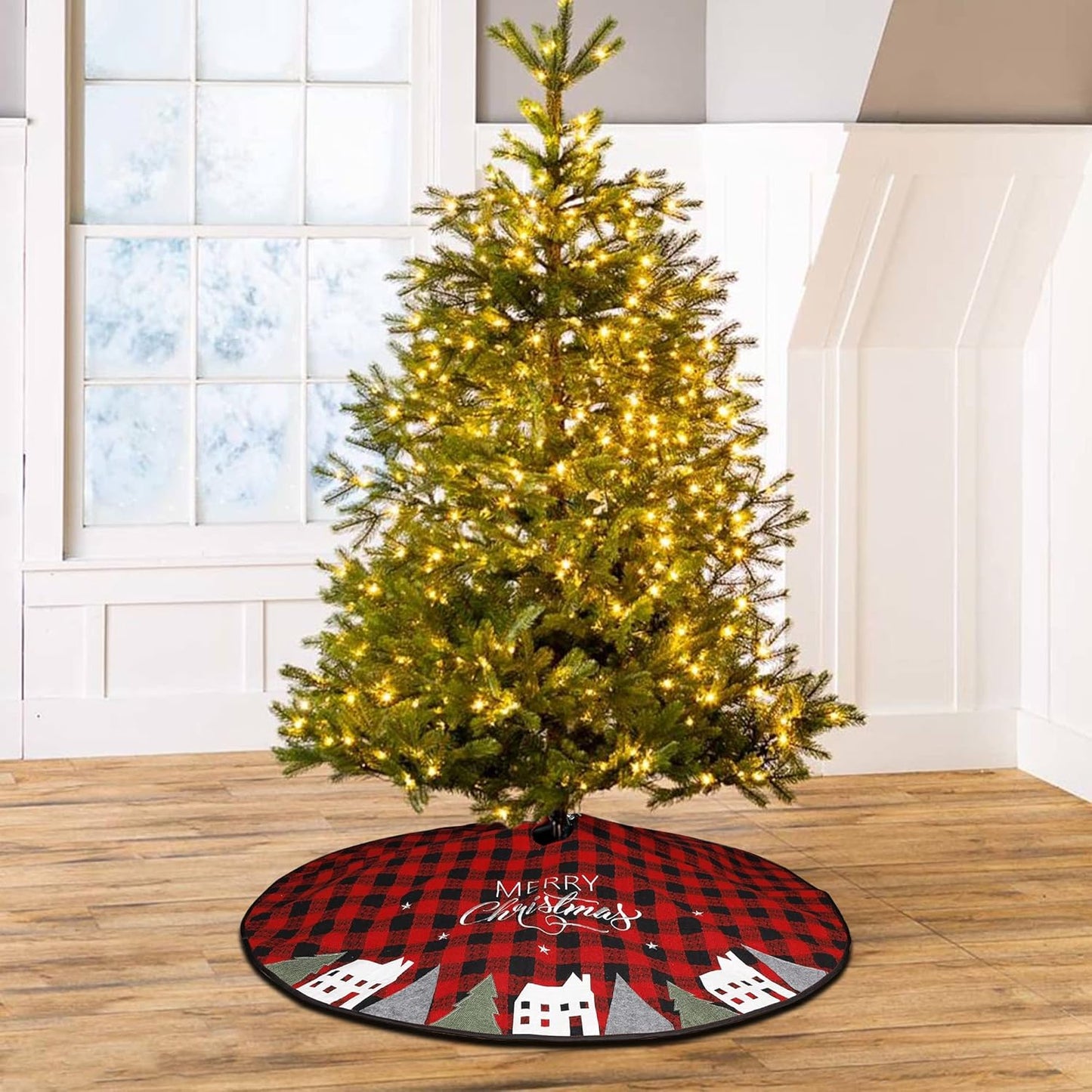 Juegoal 32-Inch Christmas Tree Skirt - Soft Red and Black Plaid Holiday Decor Mat