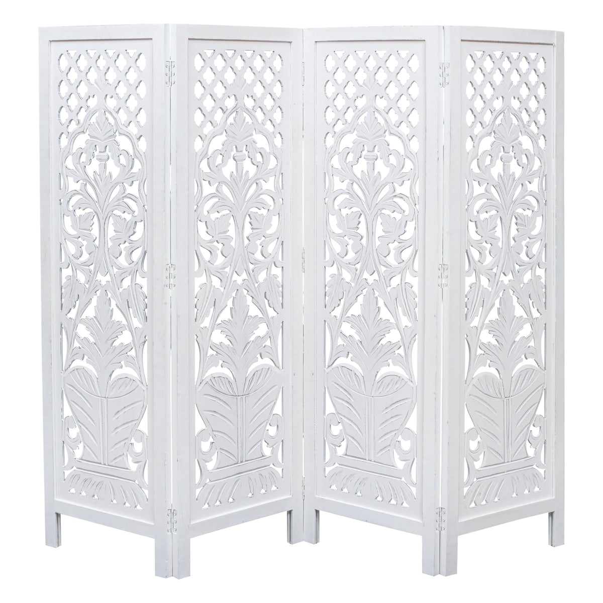 Room Divider Wood Screen Panel – White, 4-Panel Folding 64"x54", Hand-Carved, Reversible Privacy Partition, Decorative & Functional Portable Room Divider for Home or Office