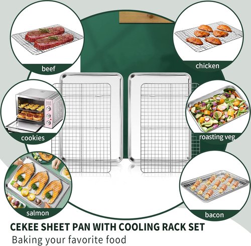 CEKEE Stainless Steel Jelly Roll Pan Set - 2 Baking Pans & 2 Cooling Racks, Nonstick & Rust Proof, 15.94 x 12 x 1 Inch