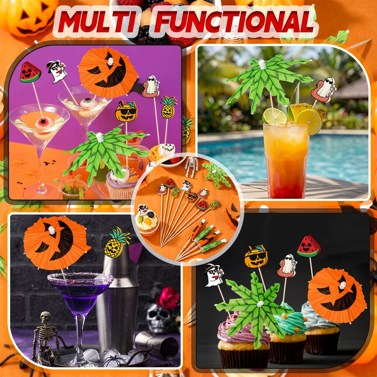 Remerry 160 Pcs Summer Halloween Cocktail Drink Accessories 60 Drink Umbrellas Straws Toothpicks 100 4.7 Inch Fruit Toothpicks Pumpkin Ghost Halloween Tropical Luau Hawaiian Beach Party Decorations