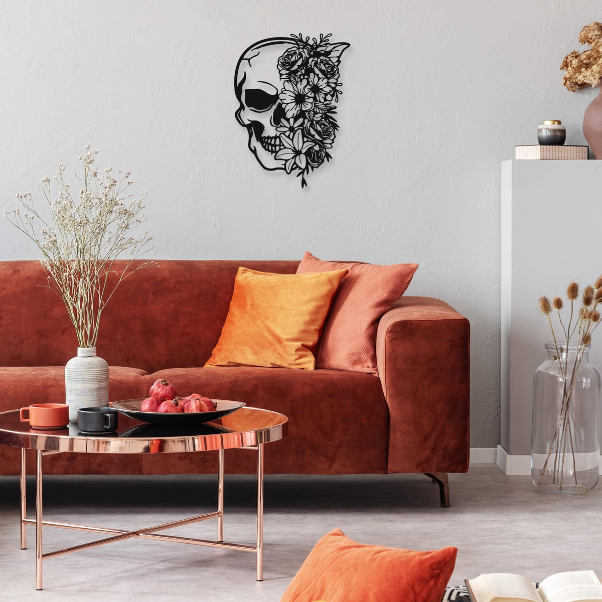 Rajukit Skull Wall Decor with Floral Accents - Gothic Wall Art 3D Metal Sculpture for Home, Halloween Decorations Outdoor & Goth Room Decor - Skeleton Eclectic Wall Art（14.4''x10.7''）