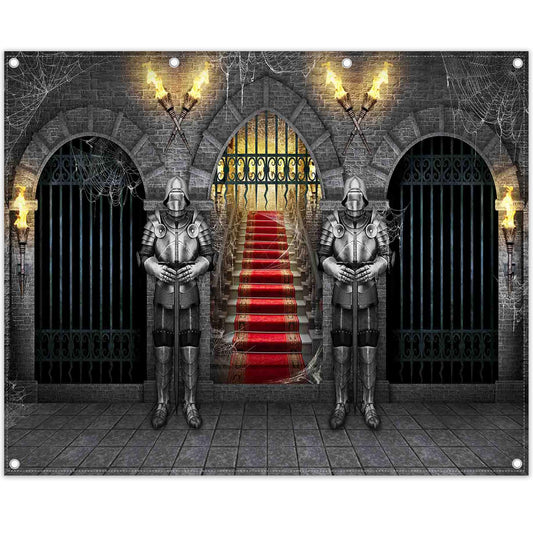 Swepuck 10x8ft Fabric Medieval Knight Photography Backdrop Castle Entrance Arches Torches Dungeon Background Halloween Night Party Decorations Photo Banner