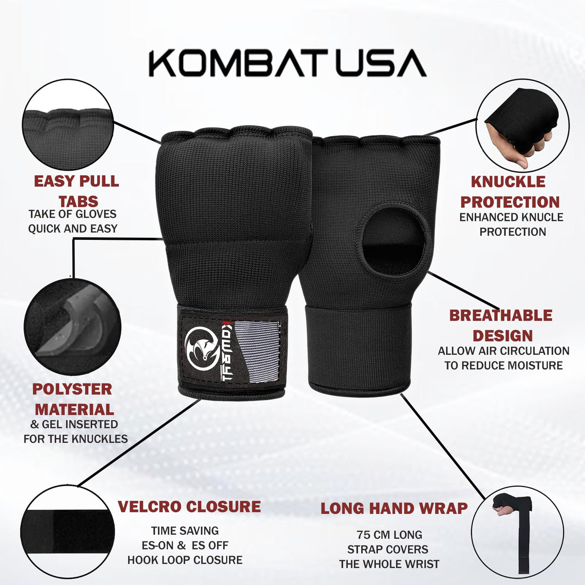 Kombat Gel Boxing Hand Wraps, Padded Inner Gloves for Men & Women, 75cm Quick Wrist Wraps, Knuckle & Wrist Protection for Muay Thai, MMA, Kickboxing, Martial Arts, Punching Training(Black, Large)